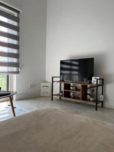 a living room with a flat screen tv on a shelf at Casa del Sole Lux in Kotor