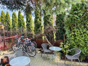 un patio con 2 mesas y 2 bicicletas estacionadas junto a una valla en Czapla siwa en Sztutowo