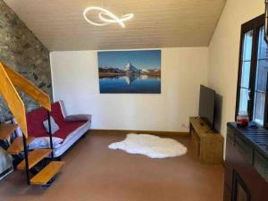 uma sala de estar com um sofá e uma televisão em Appartement Duplex entre Genève et Lausanne em Saint-Livres