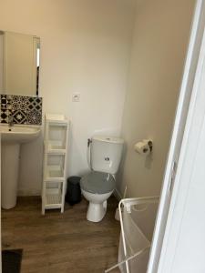 a small bathroom with a toilet and a sink at superbe studio meublé avec parking in Maubeuge