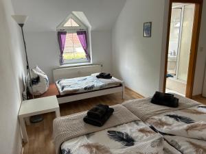 een slaapkamer met 2 bedden en een raam bij Vintage-Wohnung mit Wintergarten in Tauche