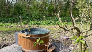 una bañera de hidromasaje de madera junto a un árbol en The Unbound Amsterdam, en Ámsterdam