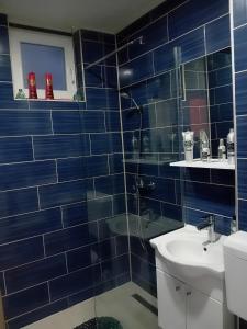 W wyłożonej niebieskimi kafelkami łazience znajduje się toaleta i umywalka. w obiekcie Grandeur Home Apartment Mostar w mieście Mostar