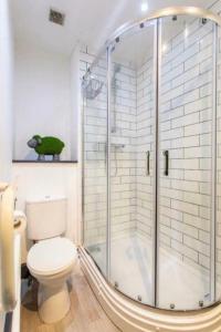 a bathroom with a toilet and a glass shower at Captivating 1-Bed Apartment in Swansea in Swansea