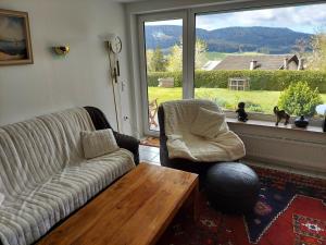 een woonkamer met een bank, een tafel en een raam bij FeWo mit tollem Ausblick auf der Schwäbischen Alb. in Wehingen