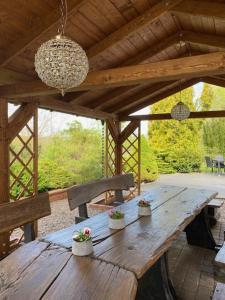 a wooden table in a pavilion with potted plants on it at U Zuzanny - dom z prywatnym jeziorem in Stara Kiszewa +50 photos