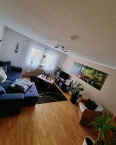 a living room with a blue couch and a wooden floor at Ferienwohnung Schog in Todtnau