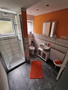 uma casa de banho com um chuveiro, um WC e um lavatório. em Ferienwohnung Schog em Todtnau