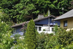 uma casa azul com árvores em frente em Ferienwohnung Schog em Todtnau