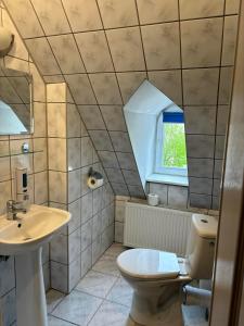 a bathroom with a sink and a toilet and a window at Willa Sanssouci in Kudowa-Zdrój