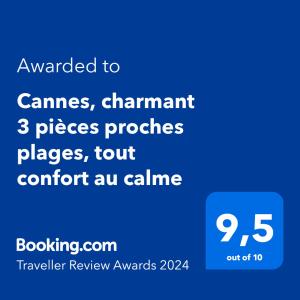 een screenshot van een mobiele telefoon met de tekst toegekend aan spellen kampioen stukken bij Cannes, charmant 3 pièces proches plages, tout confort au calme in Cannes