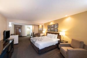 a large hotel room with a bed and a television at Sleep Inn & Suites Green Bay South in De Pere