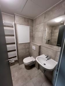 a bathroom with a sink and a toilet and a mirror at Firstsleep Ebersberg in Ebersberg