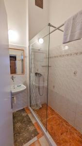 une salle de bain avec douche et lavabo dans l'établissement Kamil Apartments, Delux A, 65m2, à Karlovy Vary