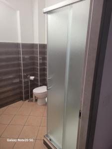 y baño con aseo y cabina de ducha de cristal. en La Vecchia Riseria 2, en Novara