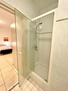 um chuveiro com uma porta de vidro na casa de banho em Apartment Maasheuvel em Arcen