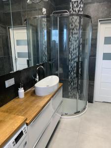 een badkamer met een wastafel en een douche bij Apartament na Miłej in Kostrzyn nad Odrą