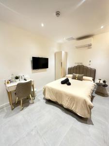 Dormitorio con cama, escritorio y TV en Studio 64 en Londres