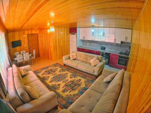 ein großes Wohnzimmer mit Sofas und einer Küche in der Unterkunft UZUNGÖL ADİLOGLU SUIT in Uzungöl