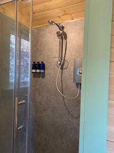 a shower with a shower head in a bathroom at Beautiful Seaview Lodge overlooking Loch Linnhe in Fort William