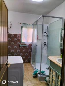 a bathroom with a shower and a washing machine at Casa vacanze sa Cresiedda in Iglesias
