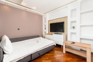 a bedroom with a bed and a flat screen tv at Borkowska Comfy Apartment in Krakow