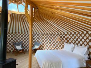 een slaapkamer in een yurt met een bed en 2 stoelen bij Ons Yurt Huisje in het Bos in Hollandsche Rading