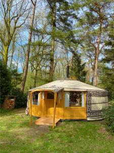 a yurt sitting in the grass in a field at Ons Yurt Huisje in het Bos in Hollandsche Rading