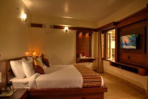 una camera d'albergo con letto e TV di Hotel Palm Royal Palace Bhimtal a Bhimtal