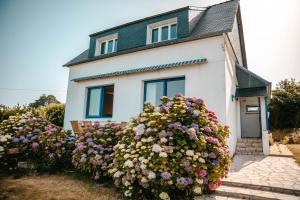 una casa con una gran pila de flores delante de ella en Maison sur le port, en Plouguerneau