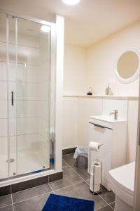 a bathroom with a shower and a toilet and a sink at Basement Bliss Hideaway in Bradford