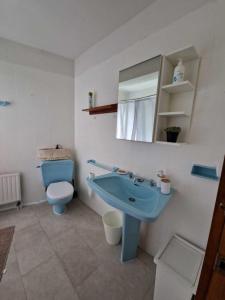 y baño con lavabo azul y aseo. en Vivienda Vacacional Villa Cobijero, en La Pereda de Llanes