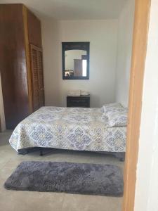 1 dormitorio con cama y espejo en Impeccable Comfortable 1-Bed Apartment, en Road Town