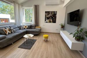 a living room with a couch and a tv at Holiday house Diva with a pool in Svetvinčenat