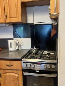 una cocina con fogones y una olla. en Apartament-Stajnia Dorado-Agroturystyka en Leoncin