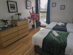 ein Schlafzimmer mit zwei Betten und einer Kommode in der Unterkunft 2br Modern Luxury Loft Apartment in Belfast