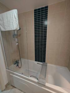 a bathroom with a bath tub with a glass window at 2br Mountain View City Centre in Belfast