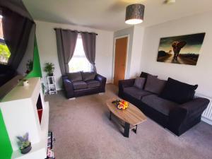 uma sala de estar com um sofá e uma mesa de centro em 3br Cosy Modern Stay em Belfast