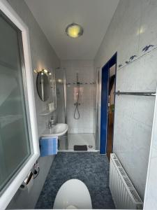a bathroom with a toilet and a shower and a sink at Pension Haus My in Norddeich