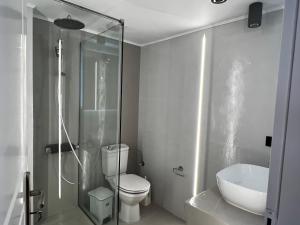 a bathroom with a shower and a toilet and a sink at Thalassa Apartments in Myrtos +25 photos
