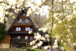 a log cabin with a balcony in front of it at Bacówka pod Honem in Cisna