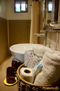 a bathroom with a sink and a toilet in a basket at Bella Athena Garden in El Nido