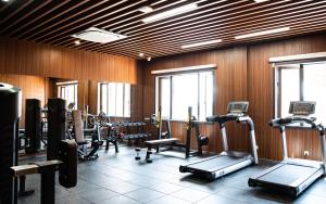 a gym with a bunch of treadms and machines at Escale International Hotel in Djibouti