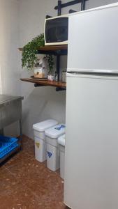 a kitchen with two trash cans and a refrigerator at Apartamento Nora in Iznate