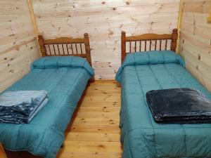 two beds in a room with wooden walls at Cabañas Camping Sierra de Peñascosa in Peñascosa +46 photos