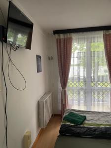 um quarto com uma cama, uma janela e uma televisão em Retro Motel Mályi em Mályi