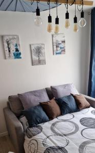 ein Wohnzimmer mit einem Sofa mit Kissen darauf in der Unterkunft Némo Petit studio cosy. 