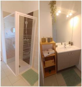 2 Bilder eines Badezimmers mit Dusche und Waschbecken in der Unterkunft Studio central, Vue sur le parc, parking privé gratuit in Caen