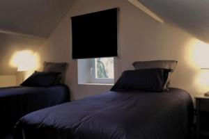 1 dormitorio con 2 camas y ventana en Gîte les tilleuls, en Ronquerolles