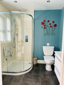 uma casa de banho com um chuveiro e um WC. em The Boatside Inn - Hadrian - Twin Ensuite em Hexham